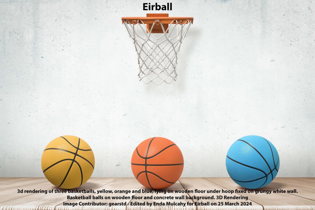 3d rendering of three basketballs, yellow, orange and blue, lying on wooden floor under hoop fixed on grungy white wall.
Basketball balls on wooden floor and concrete wall background. 3D Rendering